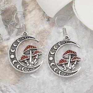 Celestial Crescent Moon Phase Mushroom Silver & Red Folklore Hook Earrings NEW